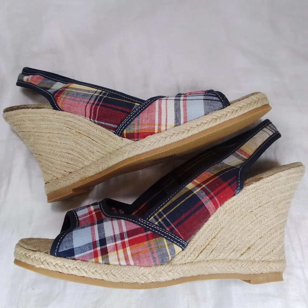 Sahara Buckley Plaid SANDALS Red White Blue Womens Size 10M Slingback Wedge Heel